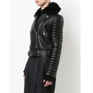 The Arrivals Rainier Black Lambskin Italian Leather Moto Fur Collar Jacket